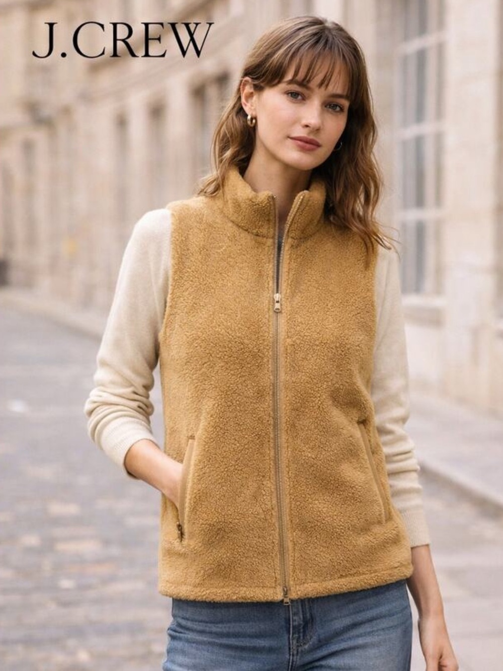 J Crew NWOT Excursion Plush Fleece Teddy Vest Golden Hickory Medium